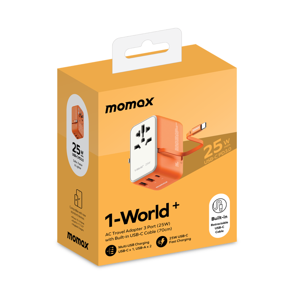 MOMAX 1‑World+ 25W 3‑Port AC Travel Adapter with Built‑In USB‑C Cable (Orange)