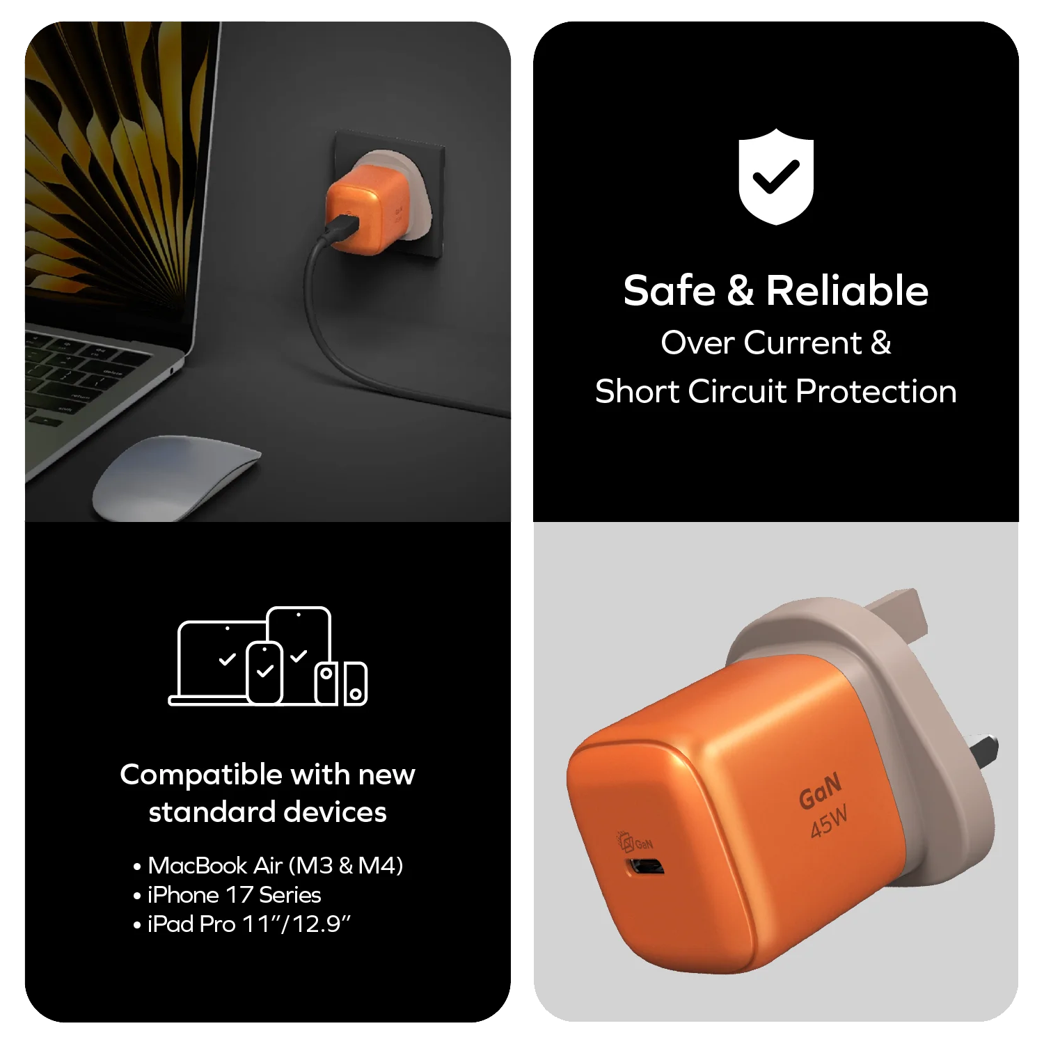 MOMAX 1‑Charge 45W 1‑Port GaN Charger (USB‑C, Orange)