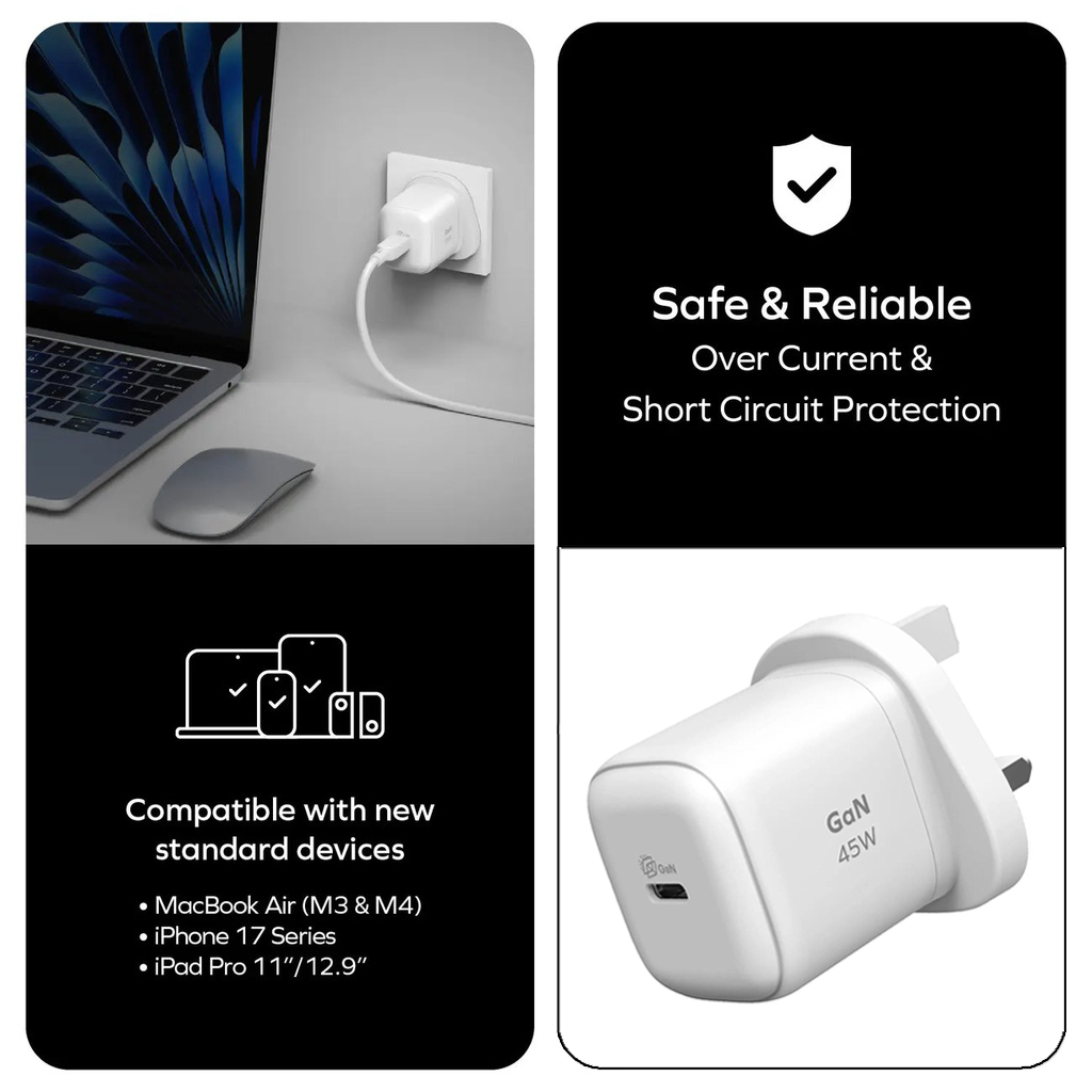MOMAX 1‑Charge 45W 1‑Port GaN Charger (1× USB‑C, White)