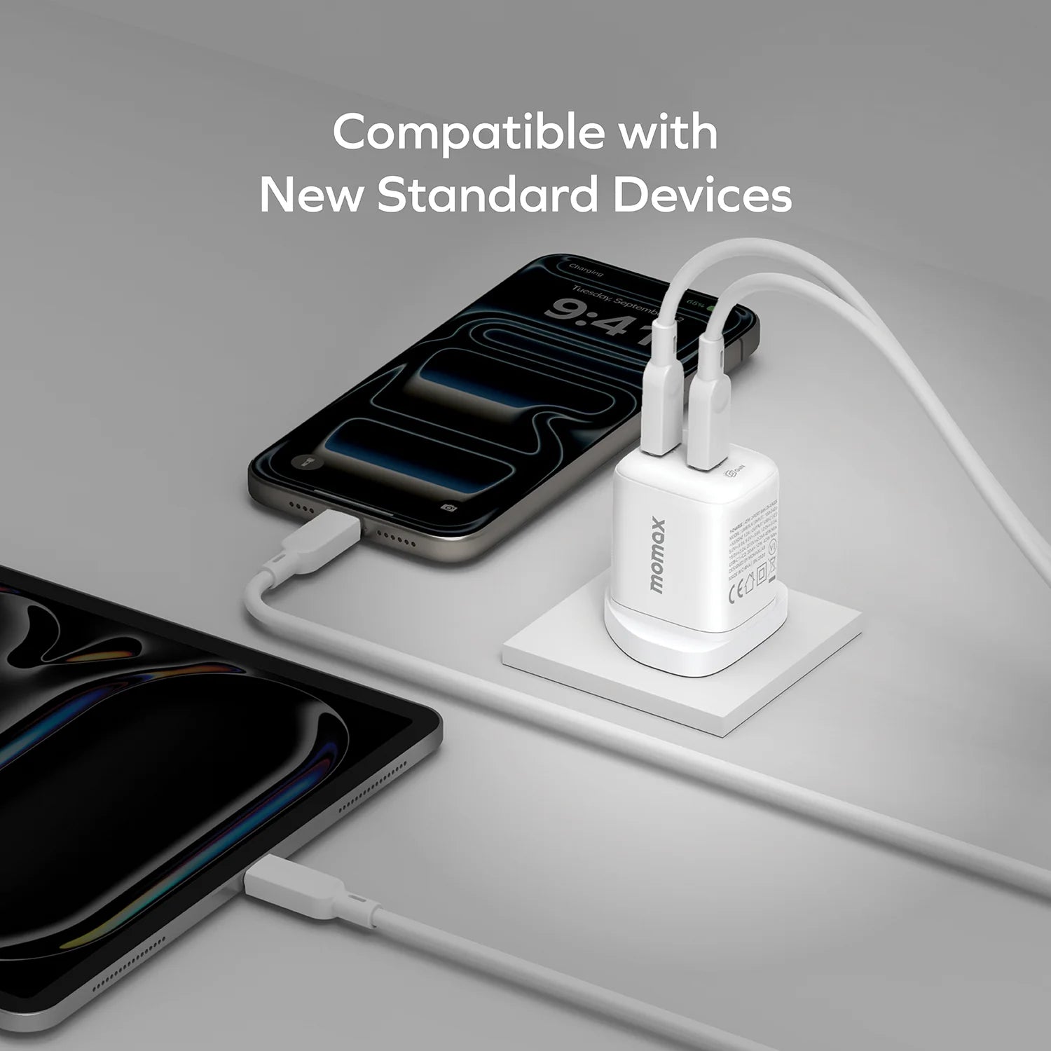 MOMAX 1‑Charge 45W 2‑Port GaN Charger (2× USB‑C, White)