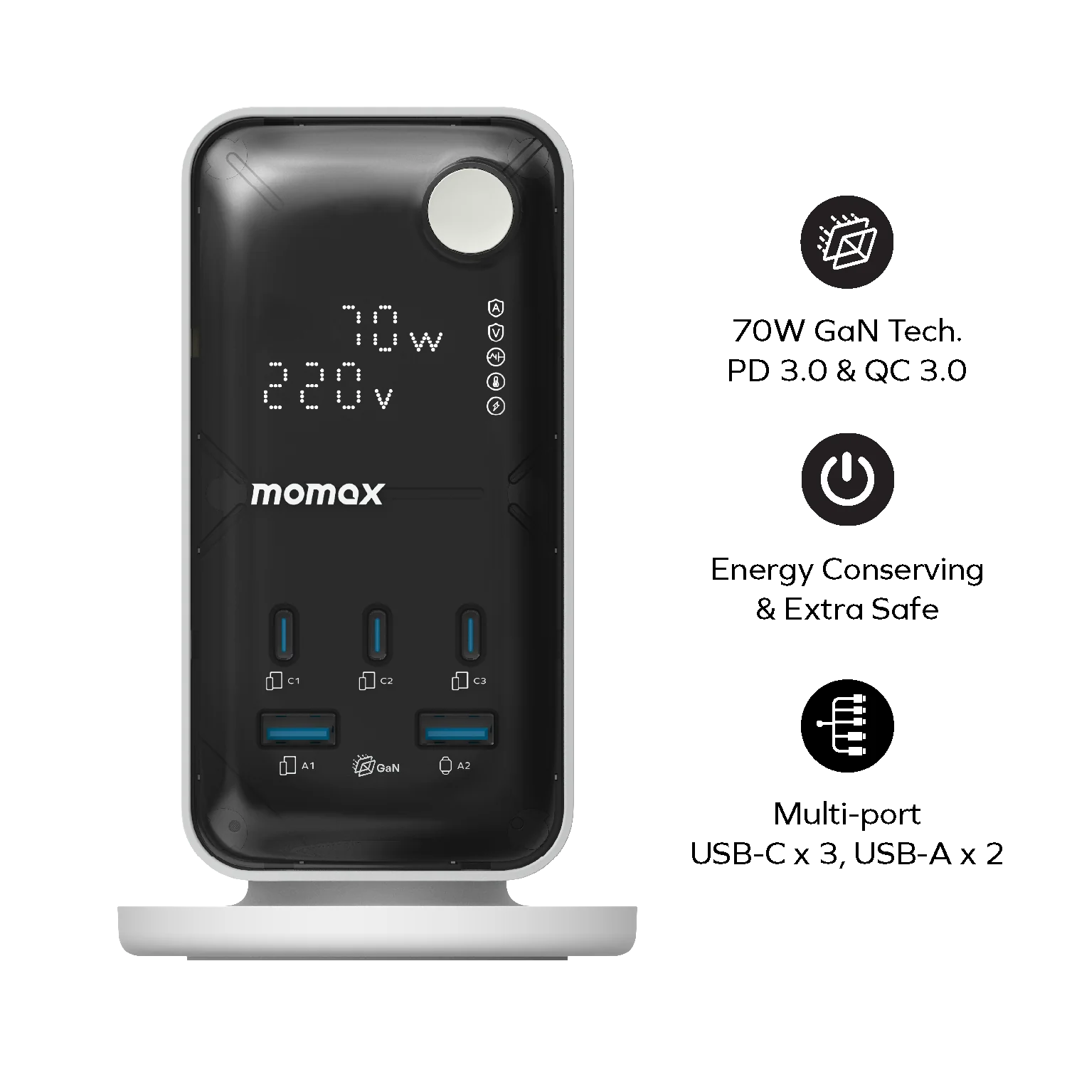 MOMAX 1‑CHARGE 70W Workflow 6‑Outlet Digital Display Power Tower with USB
