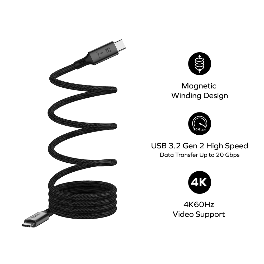 MOMAX Mag Link 100W USB‑C to USB‑C Magnetic Cable (1m, Black)