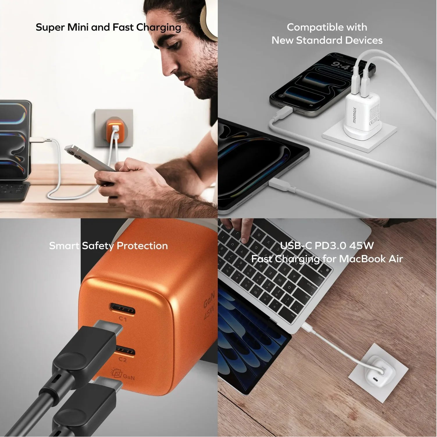 MOMAX 1‑Charge 45W 2‑Port GaN Charger (2× USB‑C, Orange)