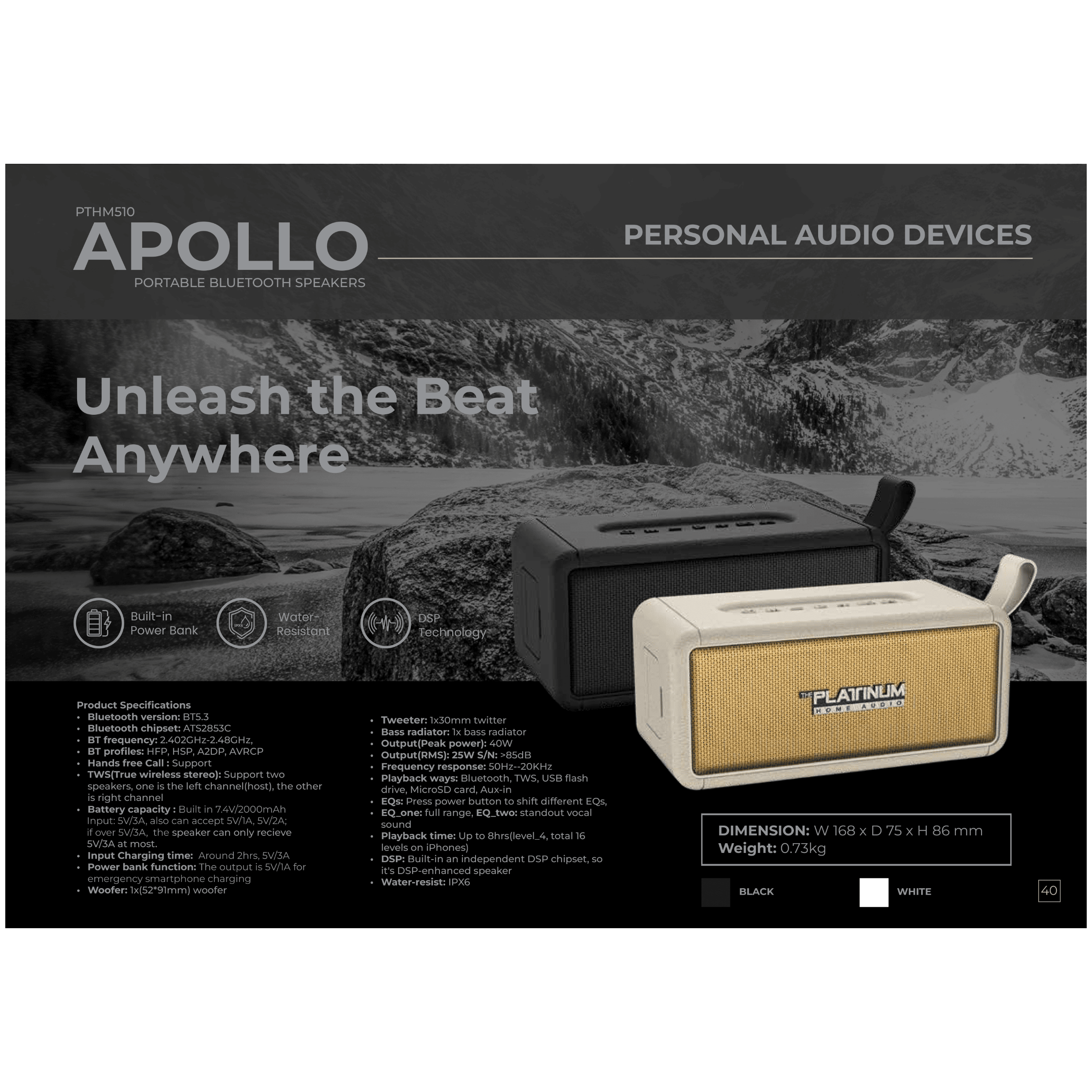 Platinum Apollo – Portable Bluetooth Speaker (White)